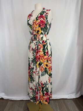 Floral Maxi Dress Medium Label By 5 Twelve Sleeveless Gauze V Neck Orange Green
